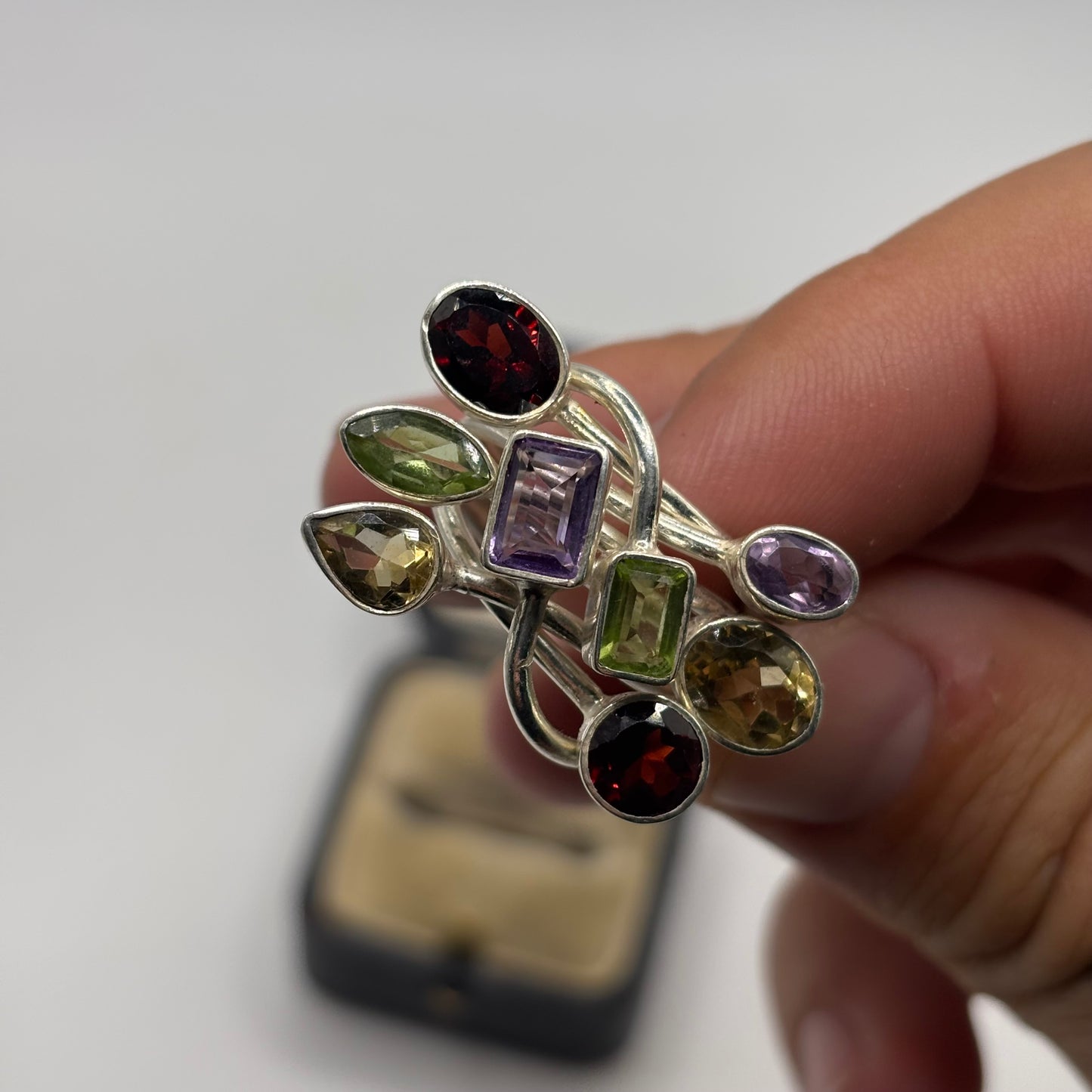 Silver Abstract Mixed Gem Ring (O)