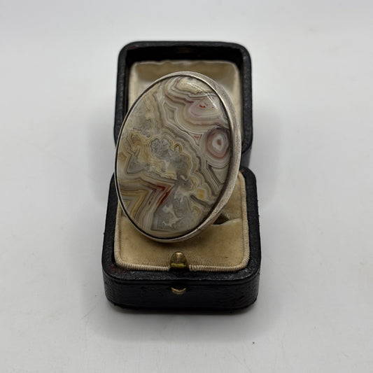Heavy Silver Mid Century Lace Agate Ring