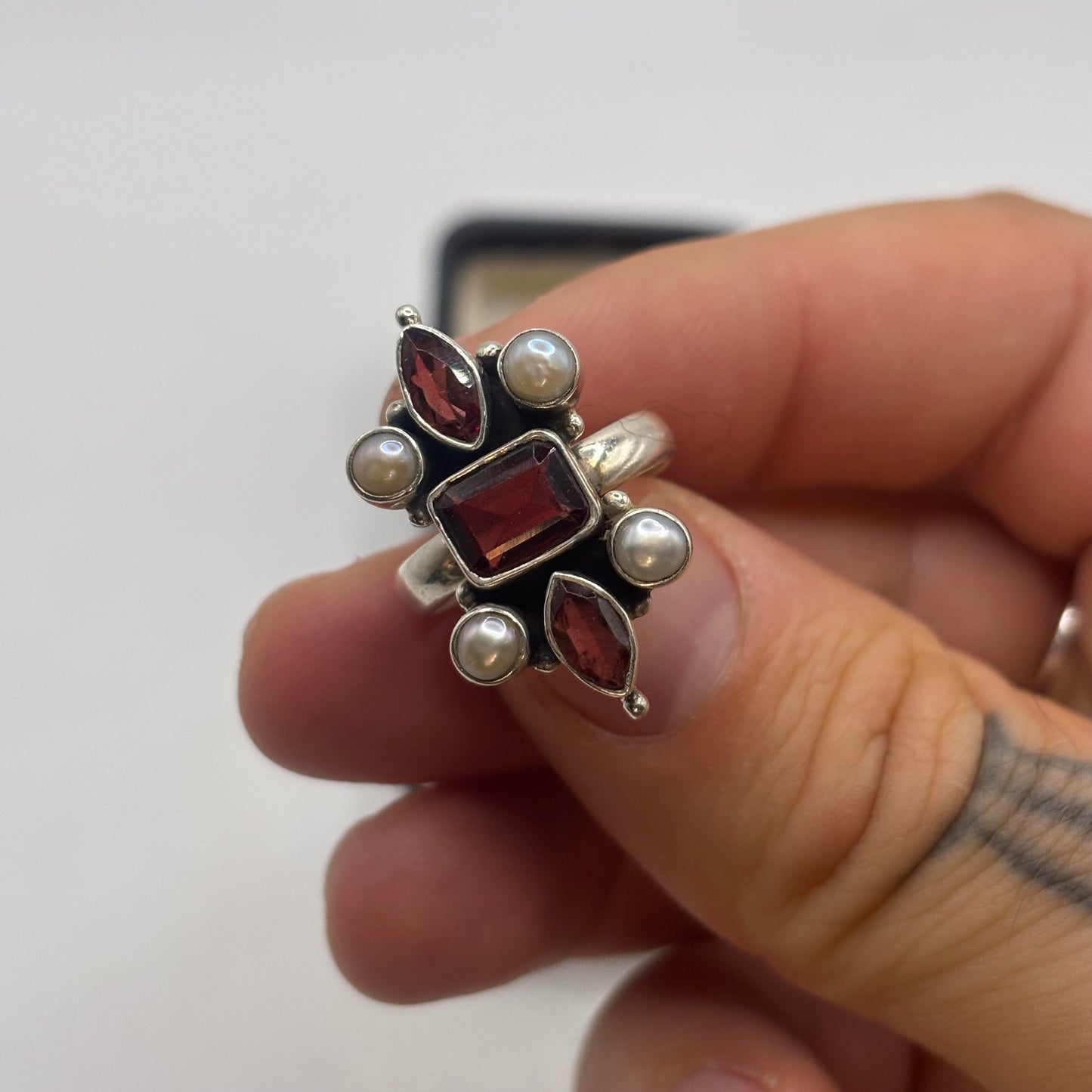 Silver Garnet & Pearl Ring
