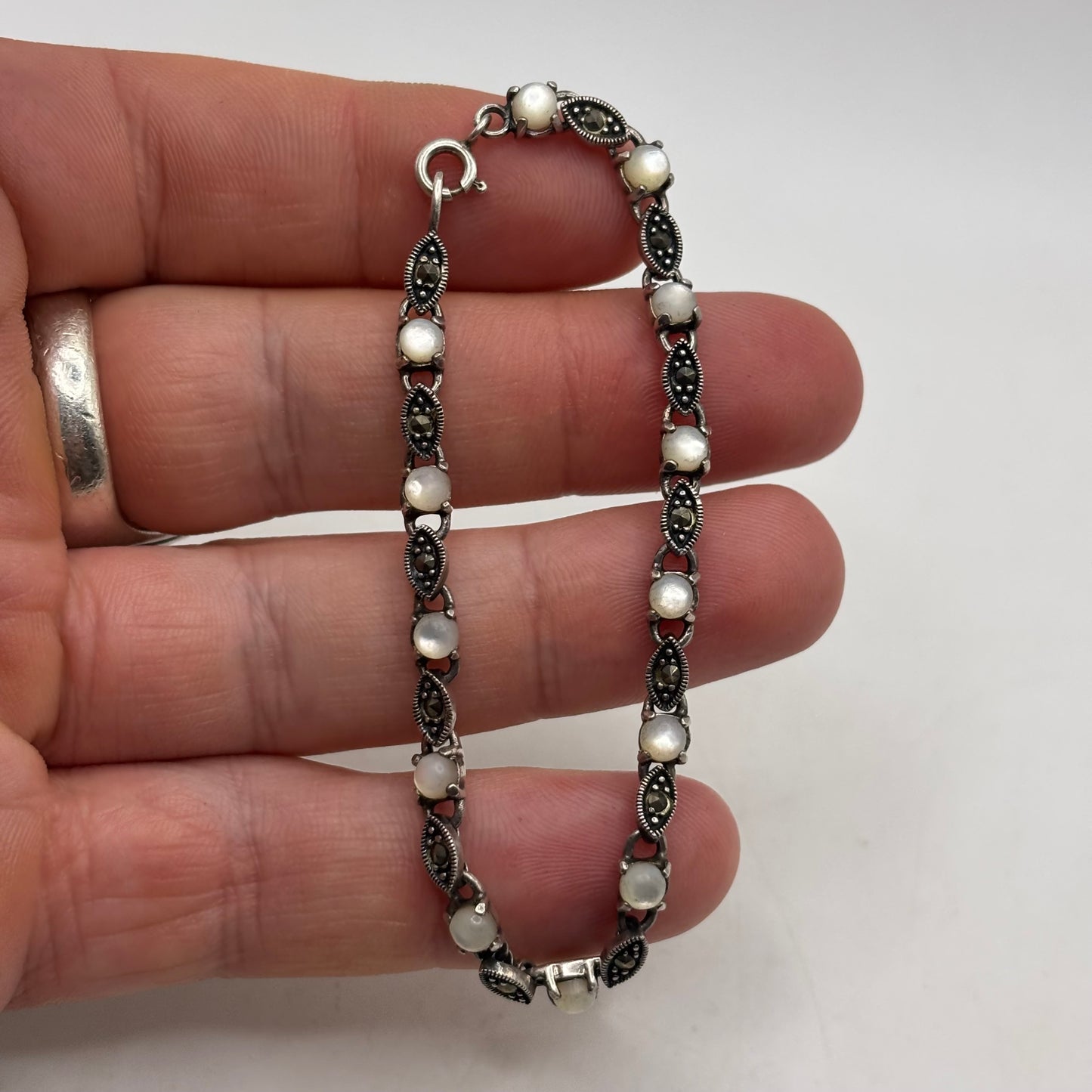 Silver 7” Pearl & Marcasite Bracelet