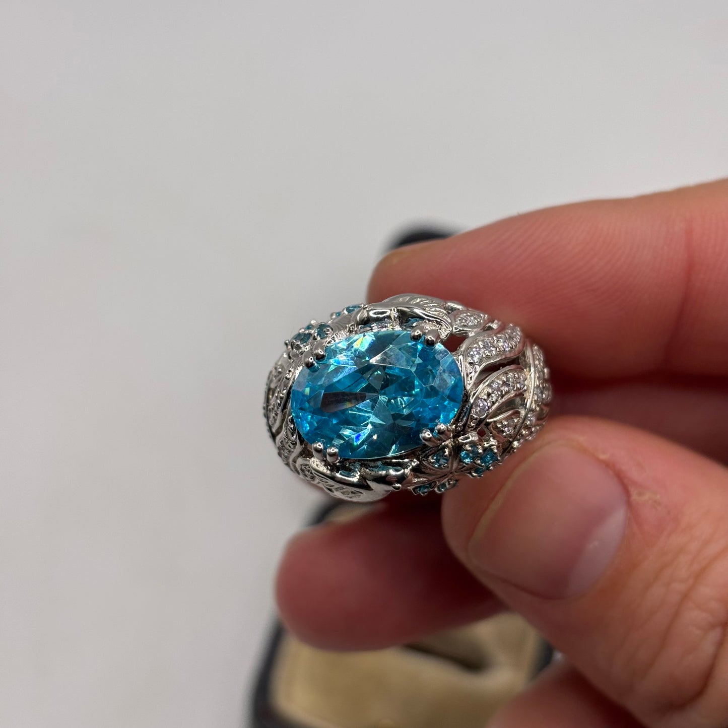 Silver Blue Cocktail CZ Ring (S)