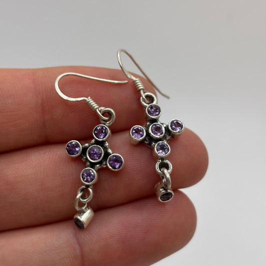 Silver Amethyst Cross Earrings