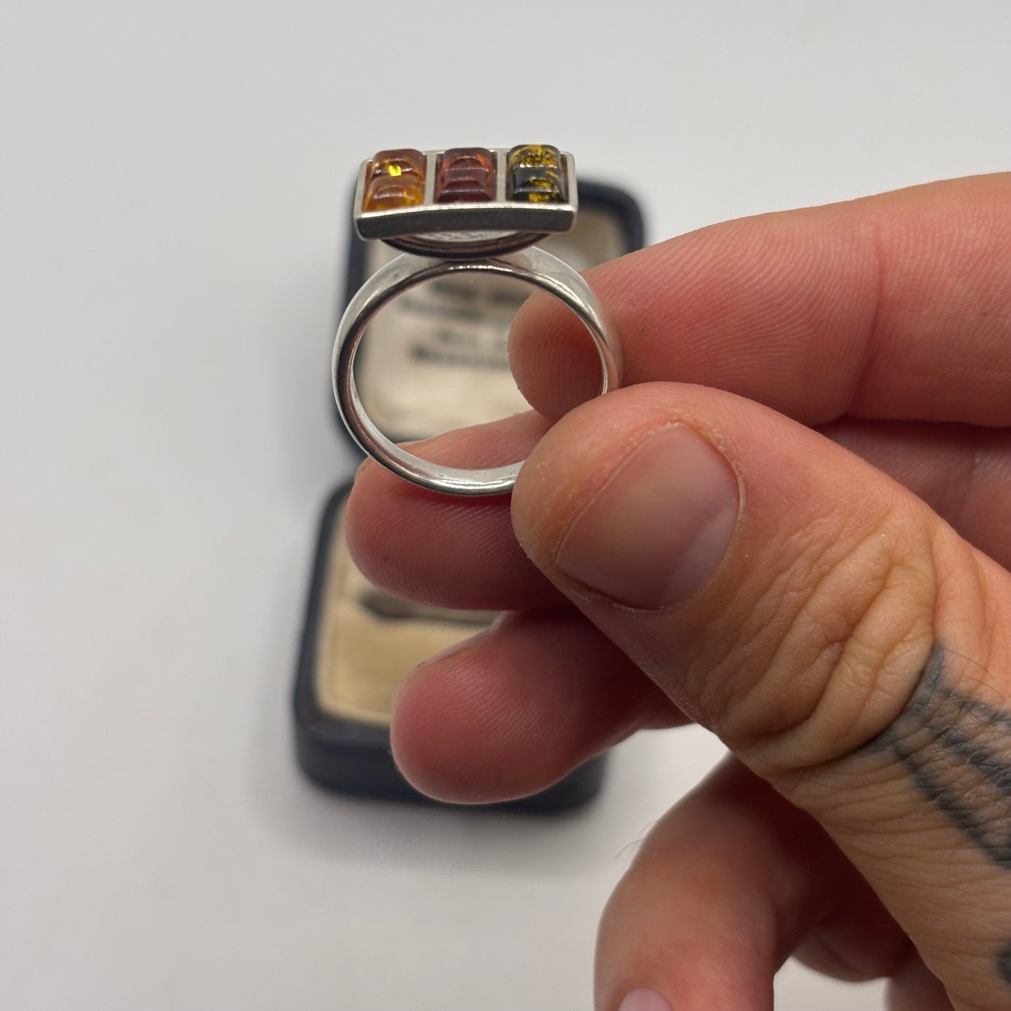 Silver Mixed Amber Abstract Ring