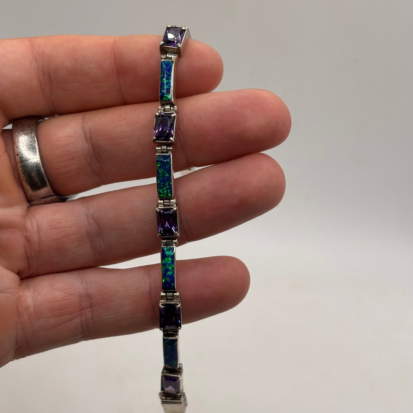 Silver 7” Opal & Amethyst Bracelet