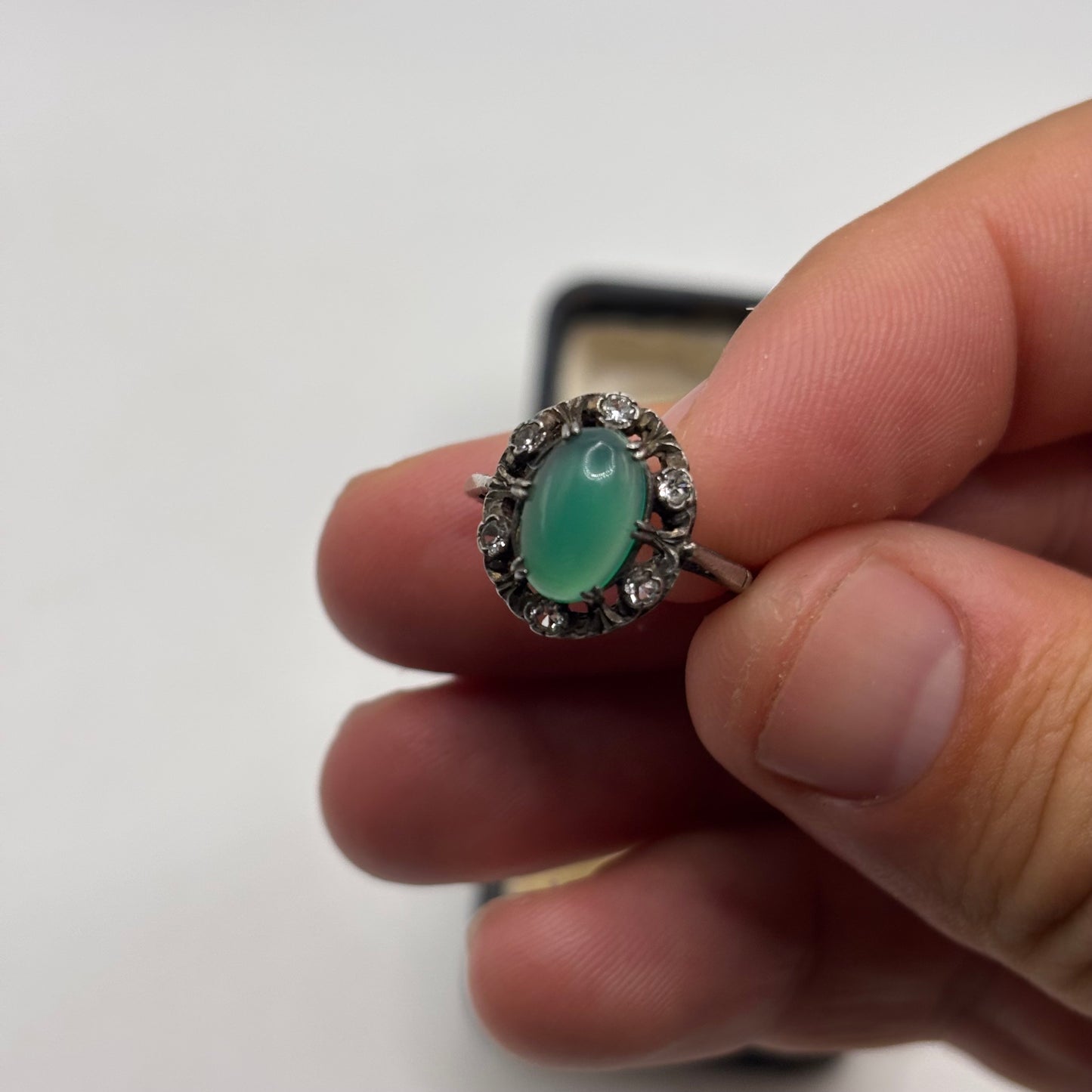 Silver Vintage Jade & CZ Ring (N)