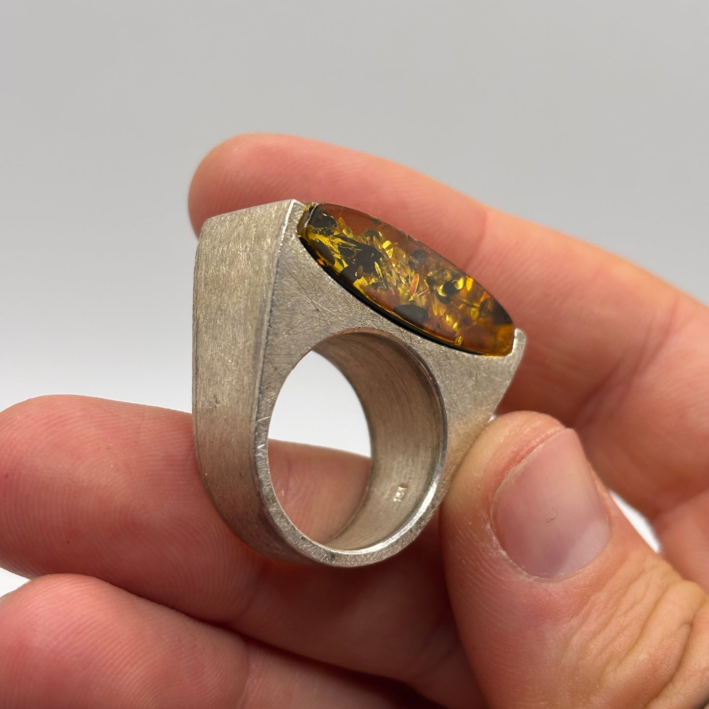 Silver Chunky Abstract Amber Ring