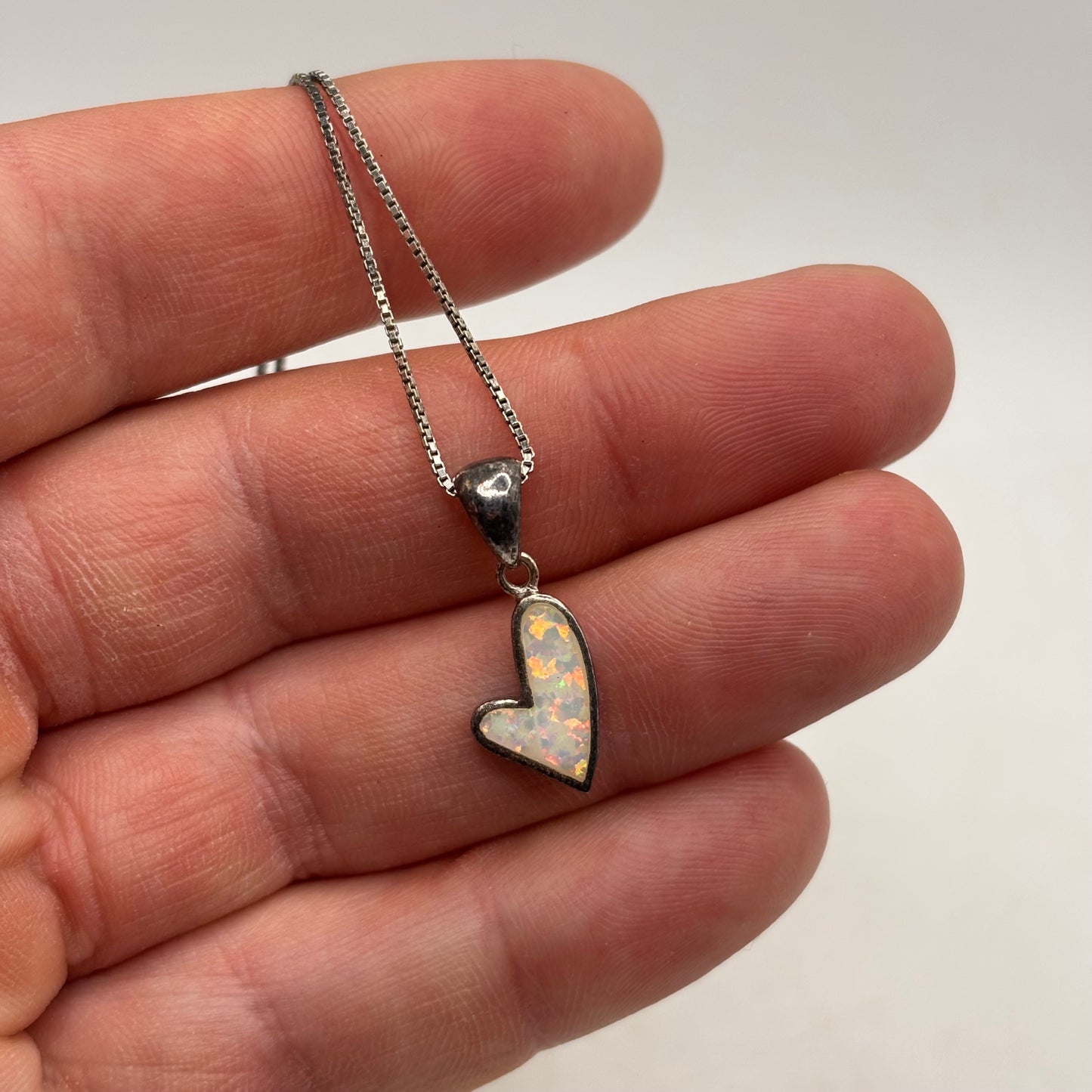 Silver 16” Opal Heart Necklace