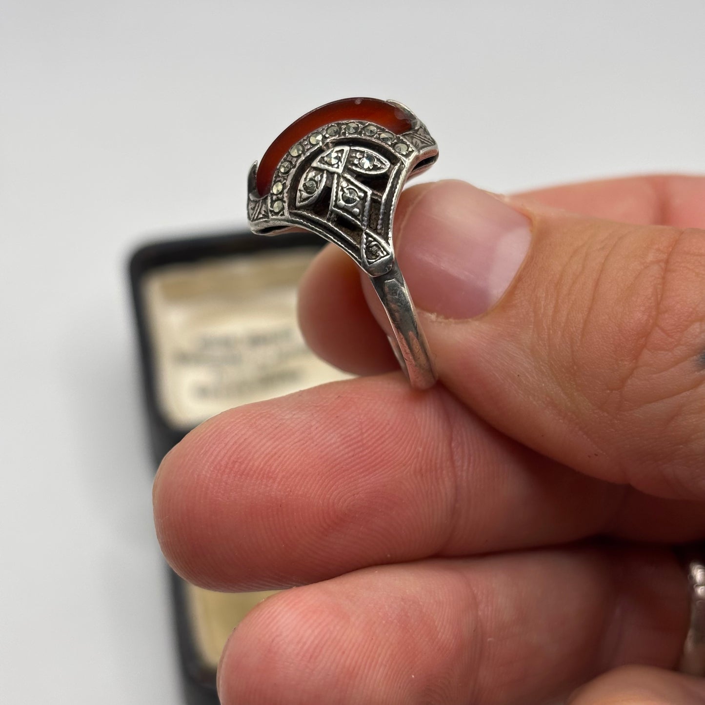 Silver Art Deco Carnelian & Marcasite Ring (R)