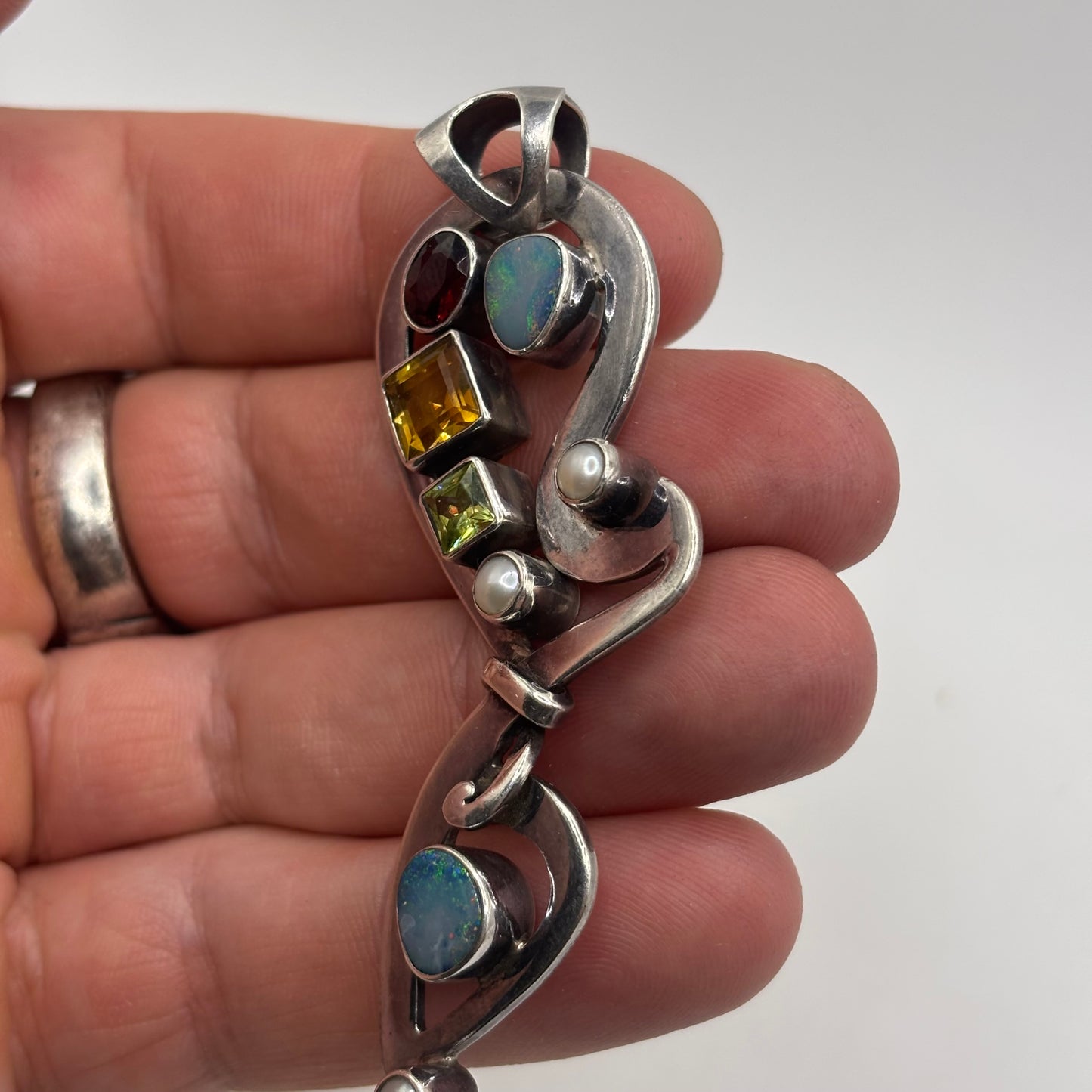 Silver Large Opal & Mixed Gem Pendant