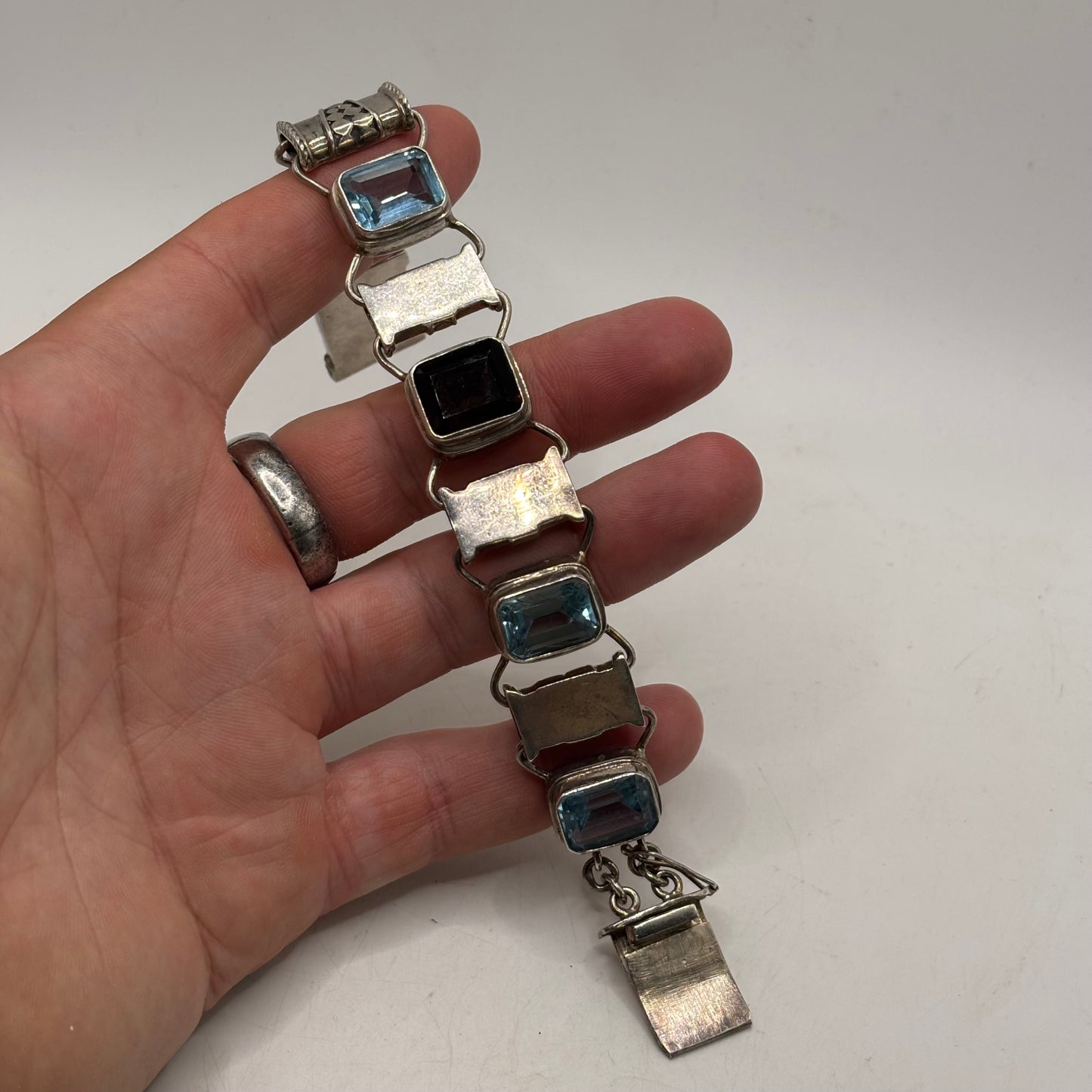 Silver 7.5” Heavy Blue Topaz & Smokey Quartz Bracelet