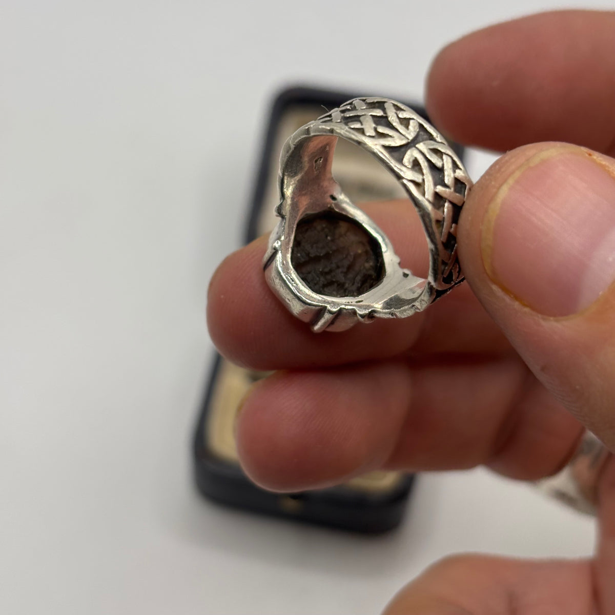 Silver Moldavite Celtic Ring (P)