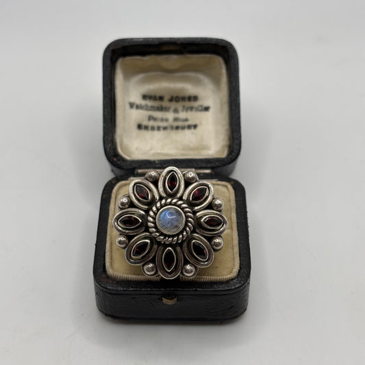 Silver Heavy Indian Moonstone & Garnet Ring