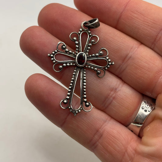 Silver Garnet Cross Pendant