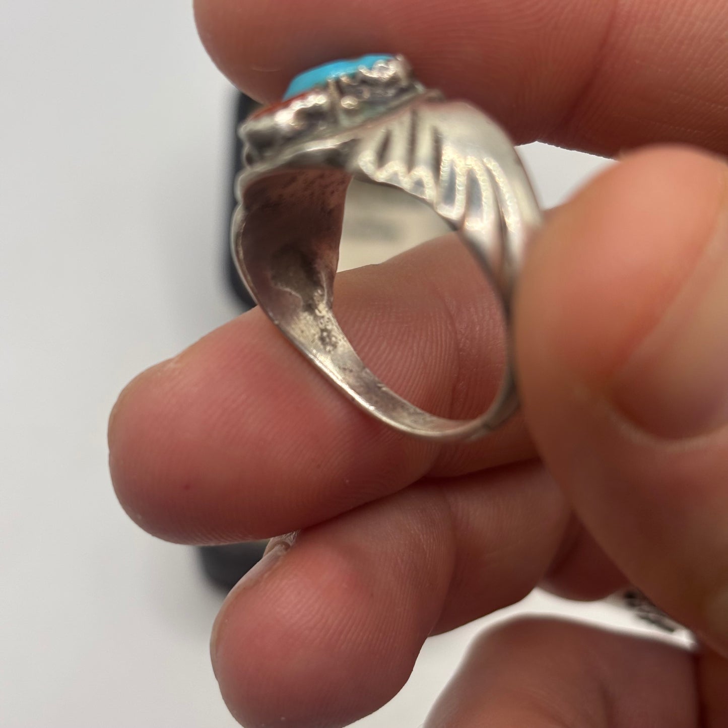 Silver Native American Old Pawn Turquoise & Coral Ring