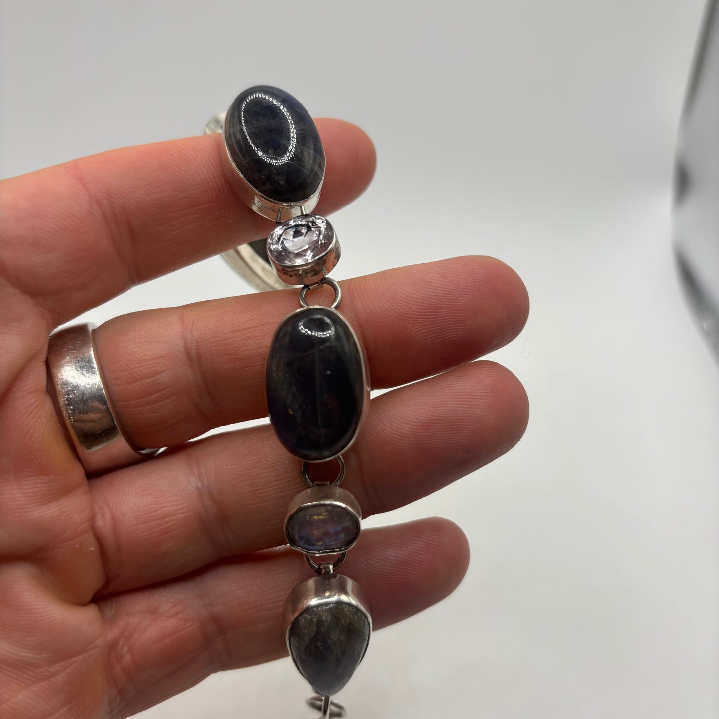 Silver 7”-8.5” Labradorite & Moonstone Bracelet