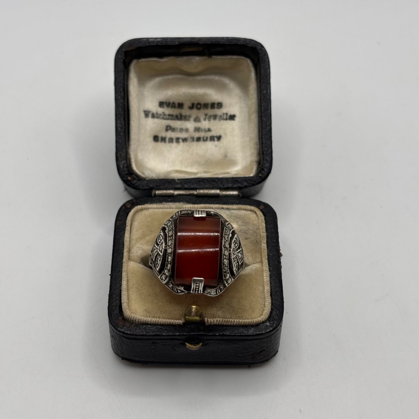 Silver Art Deco Carnelian & Marcasite Ring (R)
