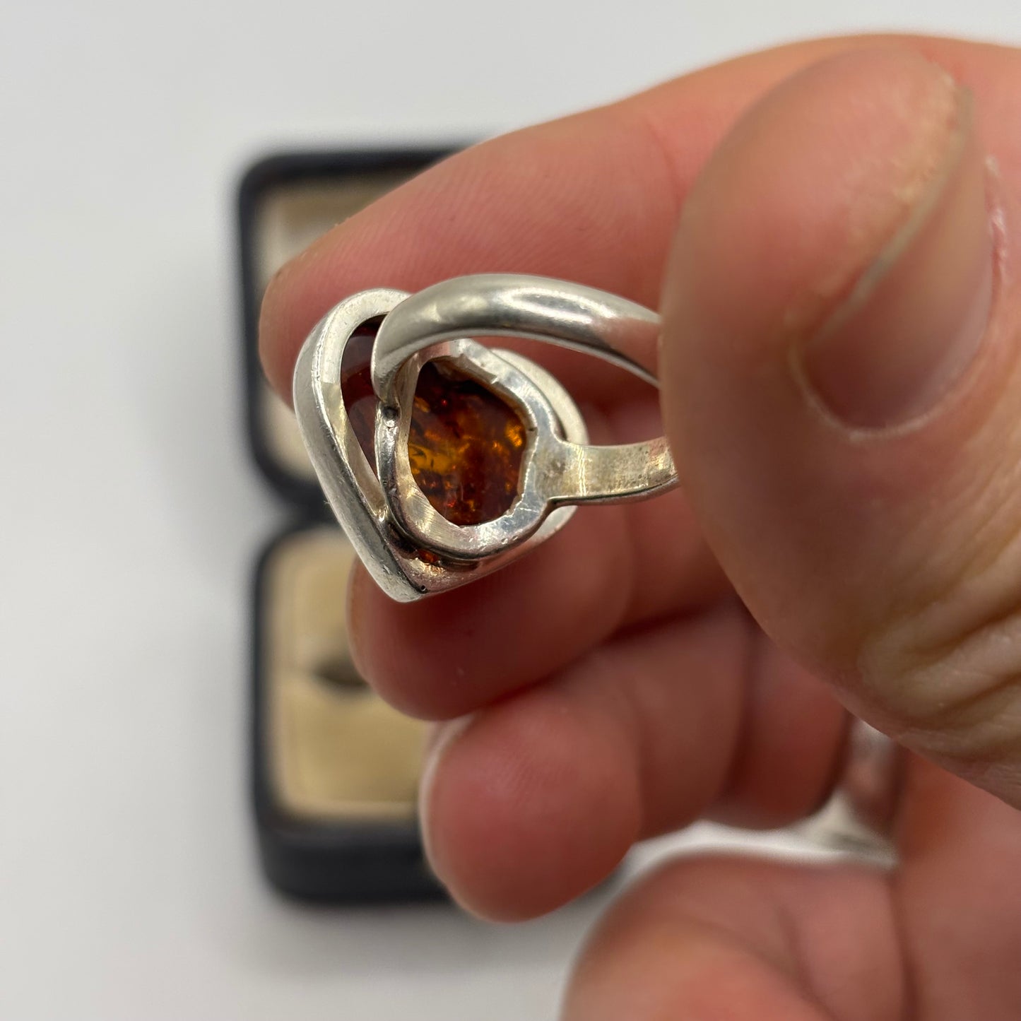 Silver Amber Heart Ring