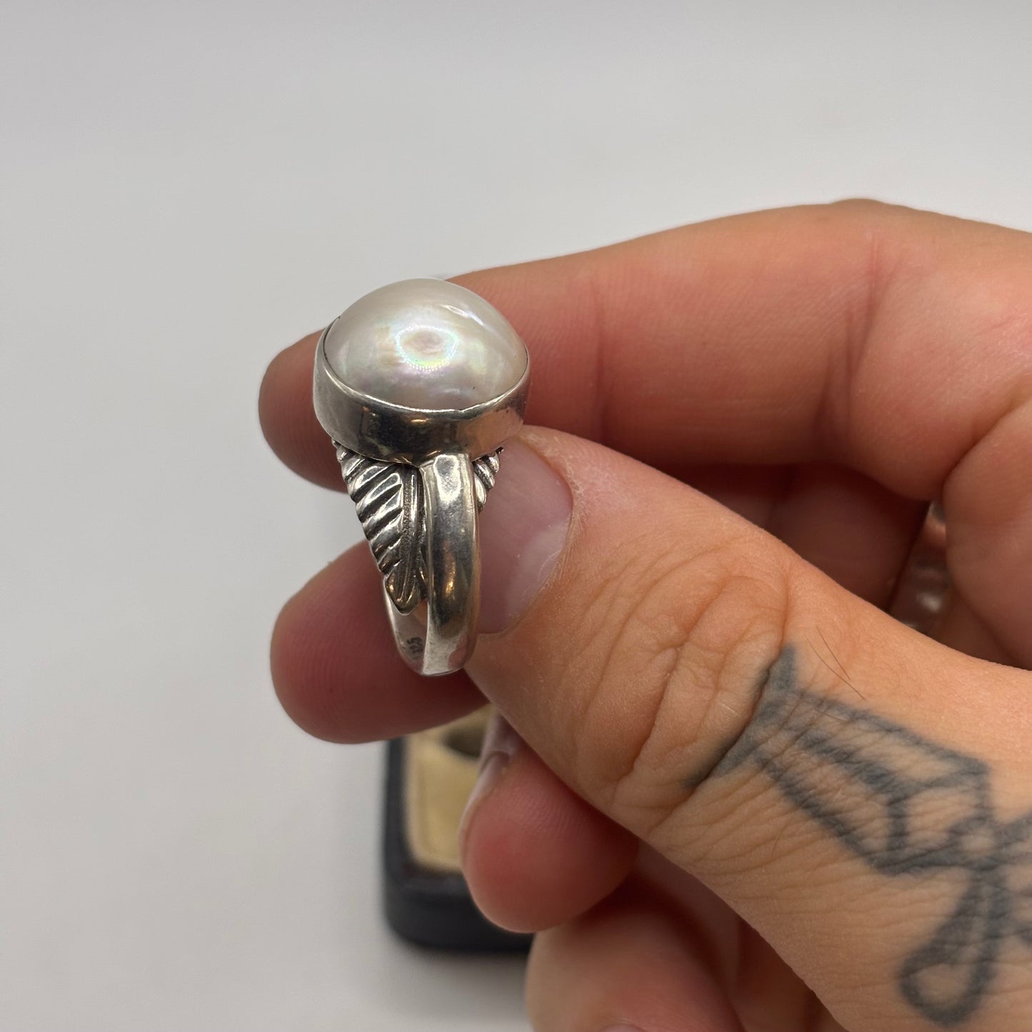 Silver Pearl Feather Ring