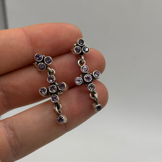 Silver Amethyst Cross Earrings
