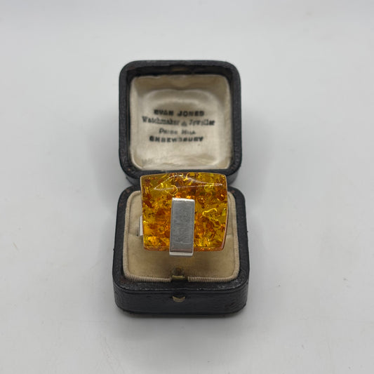 Silver Large Abstract Amber Ring