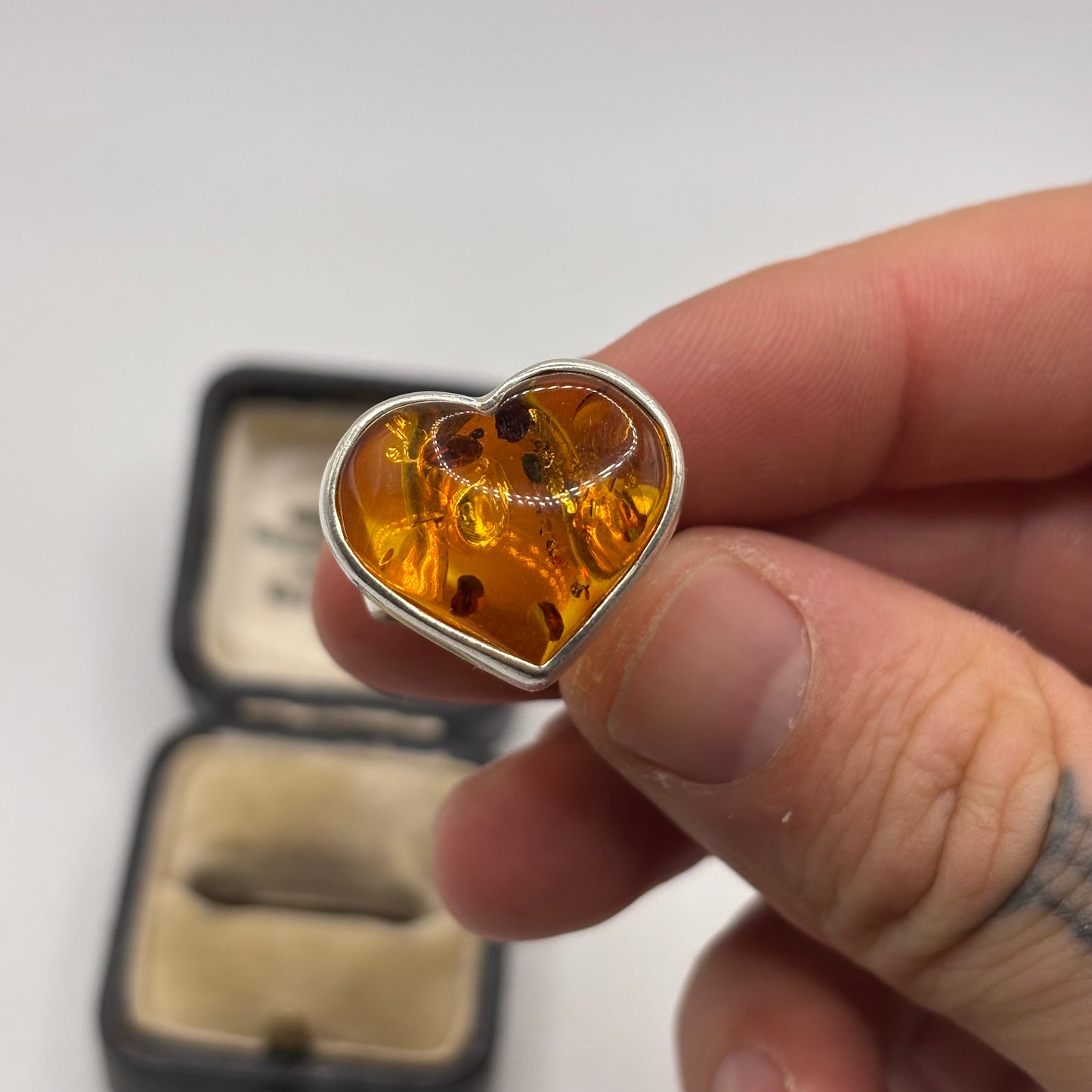 Silver Large Amber Heart Ring