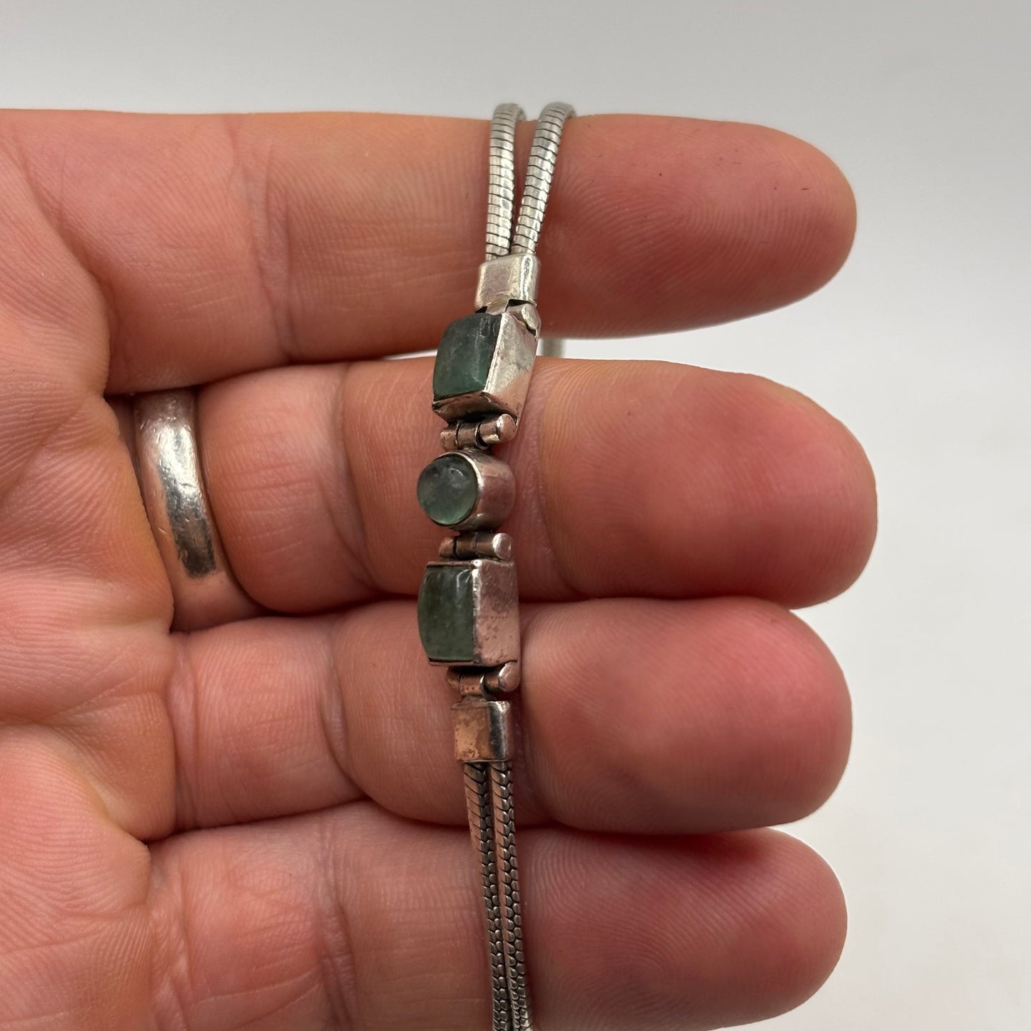 Silver 7.5” Green Stoned Bracelet