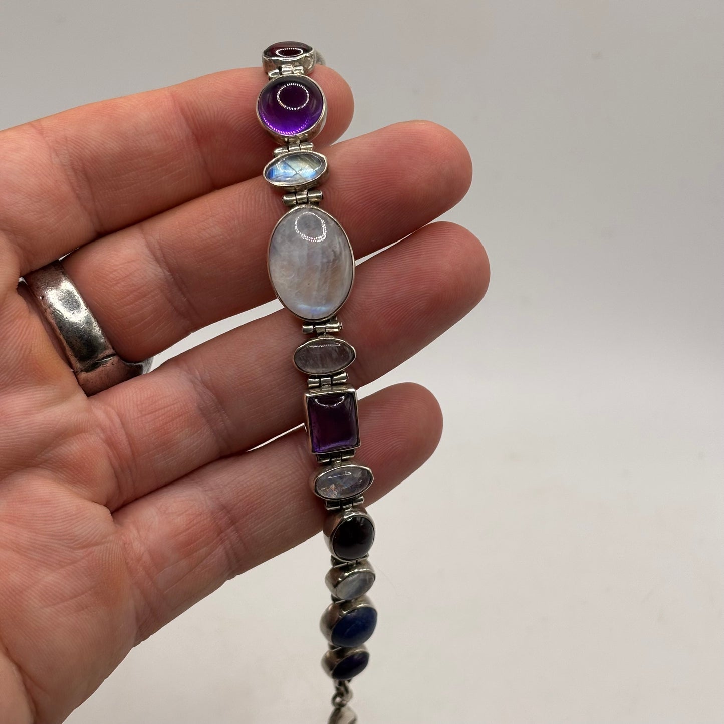 Silver 7.5” Moonstone & Gem Bracelet
