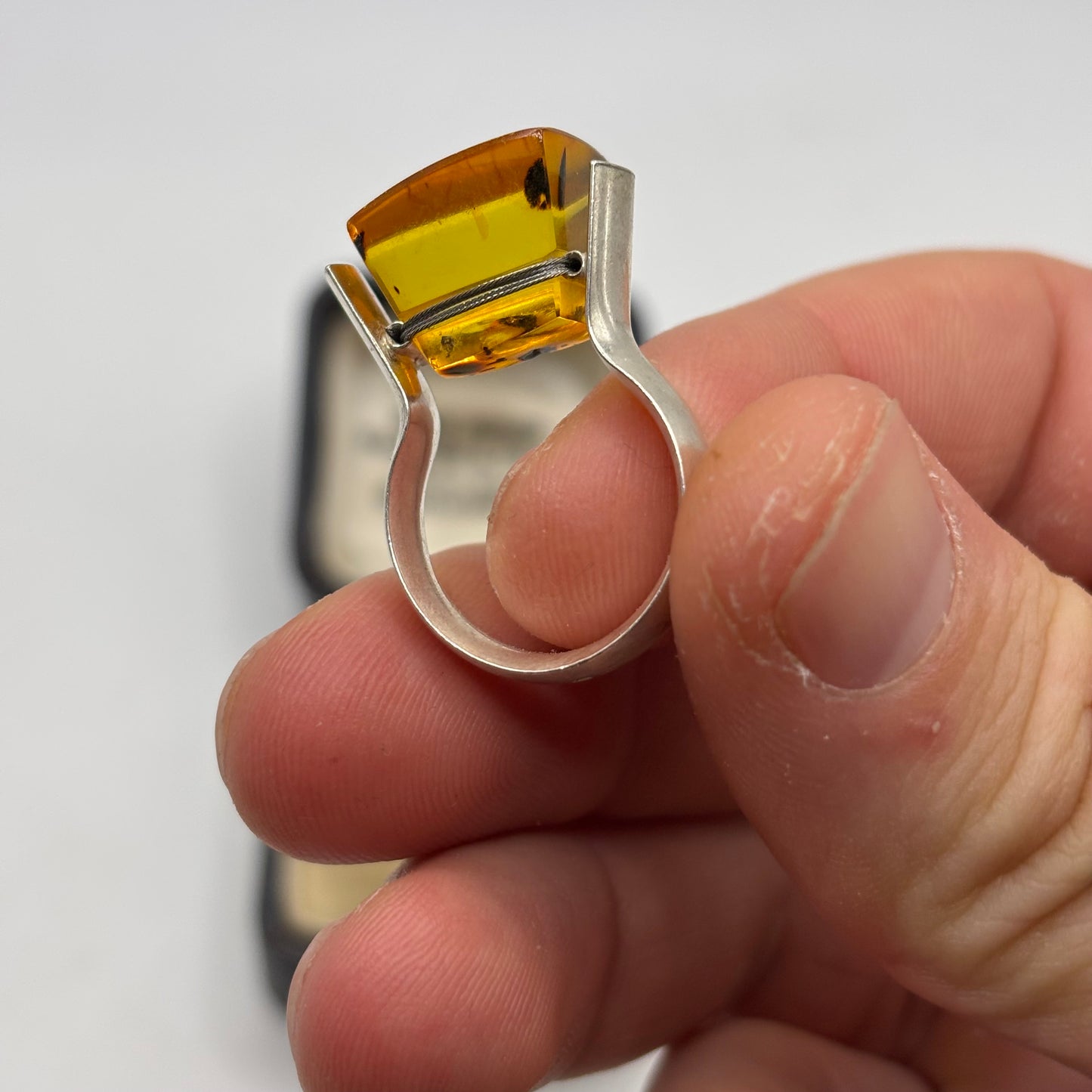 Silver Abstract Amber Ring
