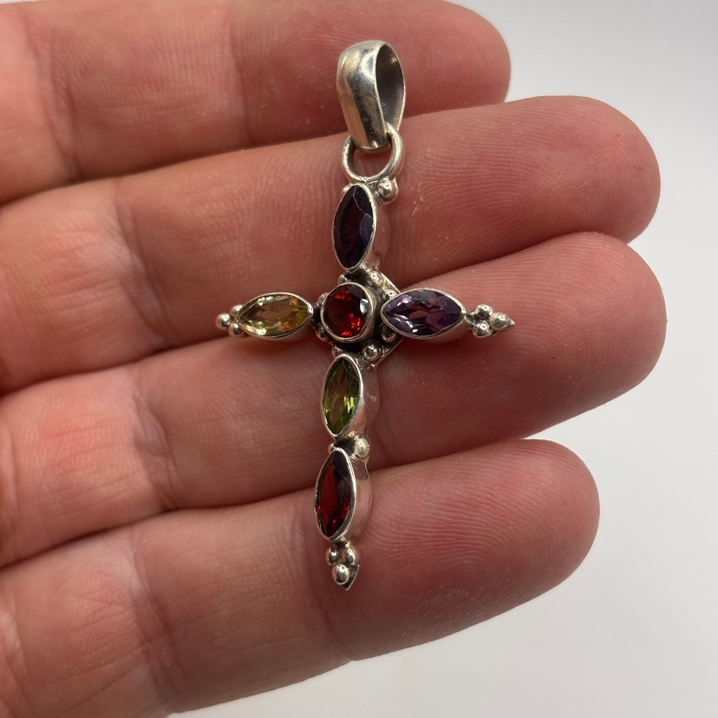 Silver Mixed Gem Cross Pendant