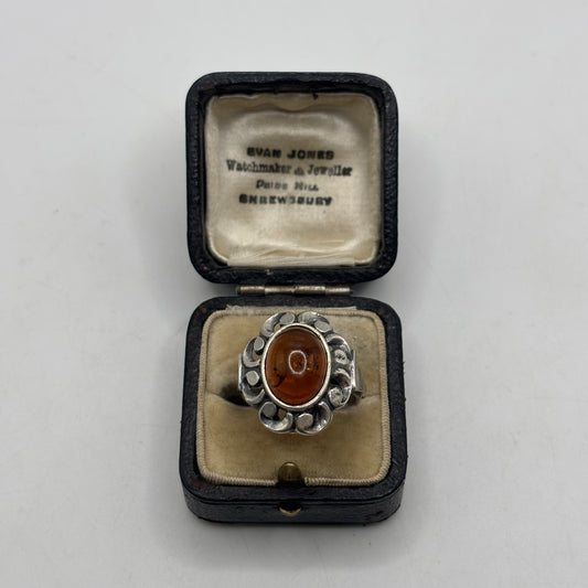 Silver Large Amber Ring
