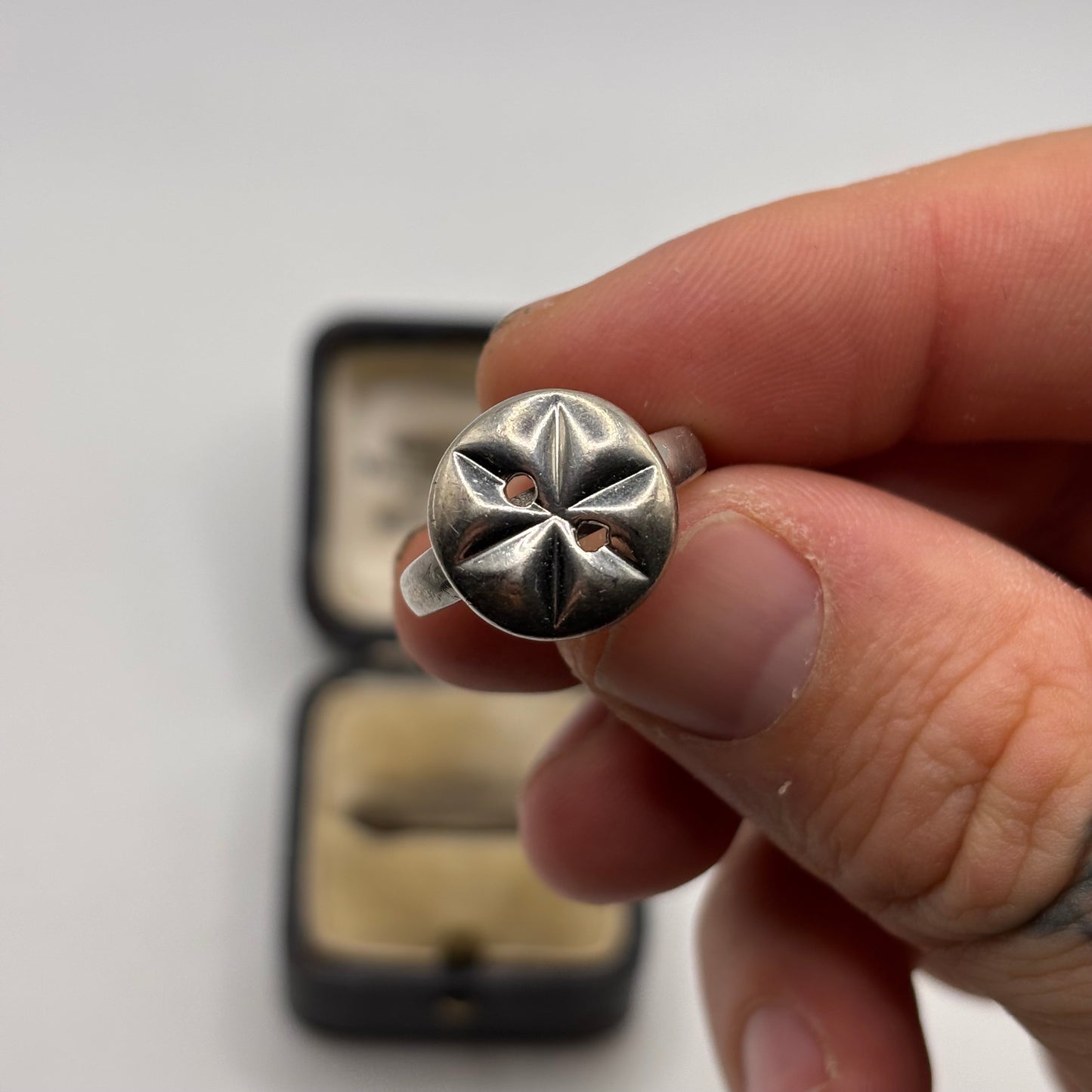 Silver Abstract Button Ring