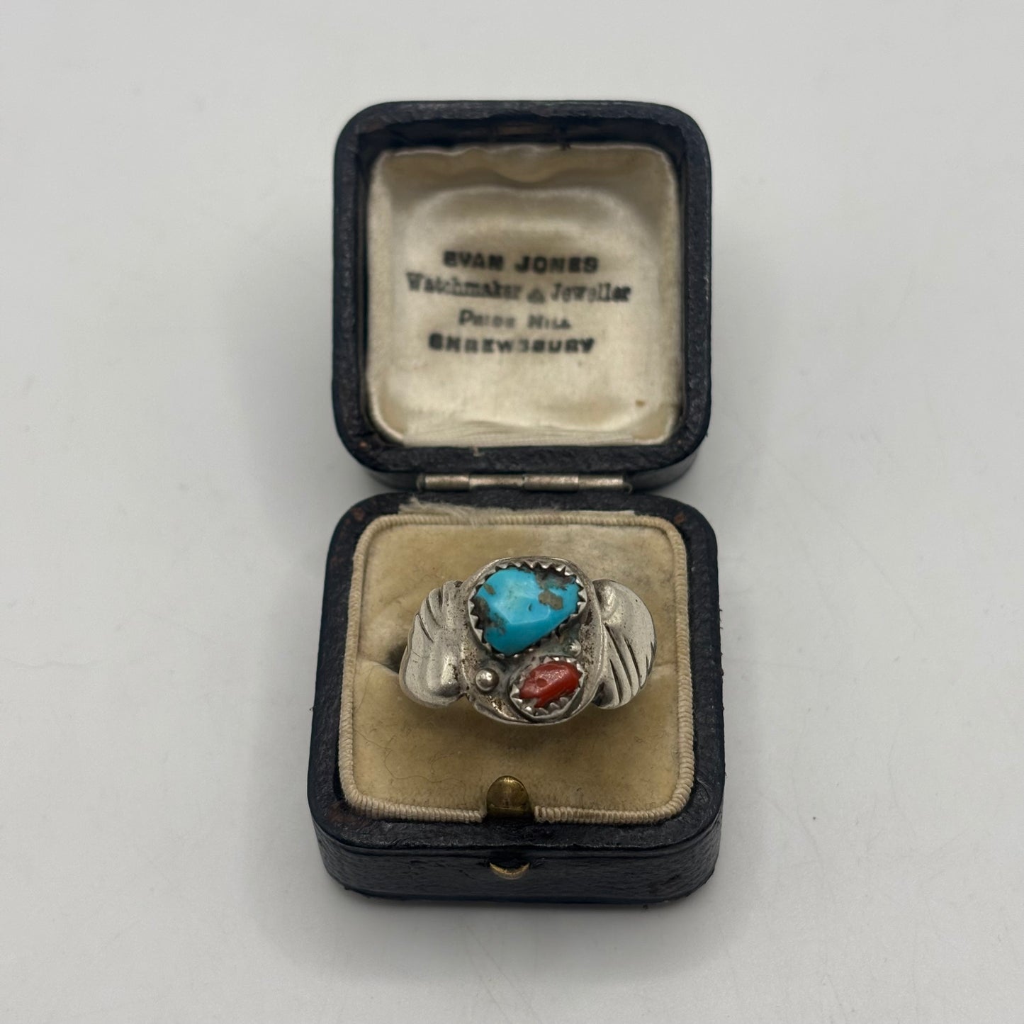 Silver Native American Old Pawn Turquoise & Coral Ring