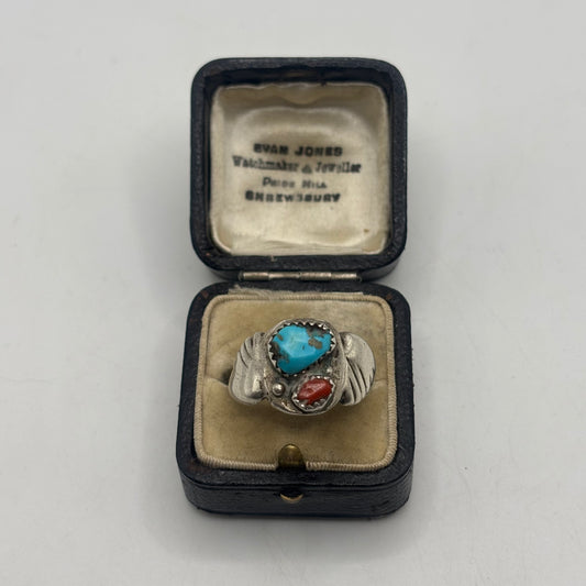 Silver Native American Old Pawn Turquoise & Coral Ring