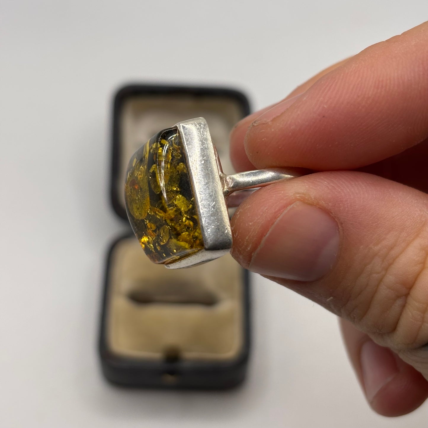 Silver Green Amber Ring