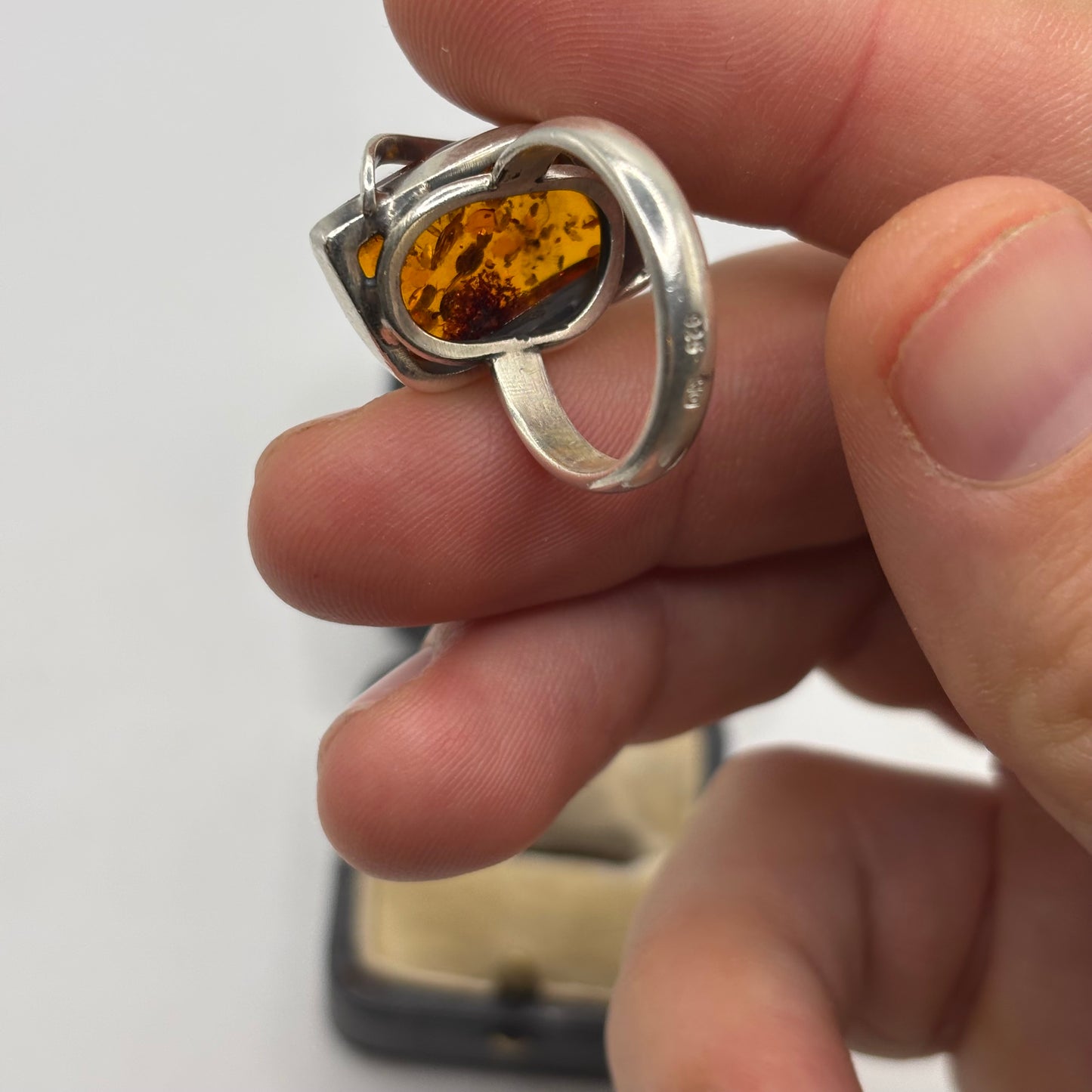 Silver Amber Abstract Ring