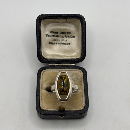Silver Green Amber Ring (P)