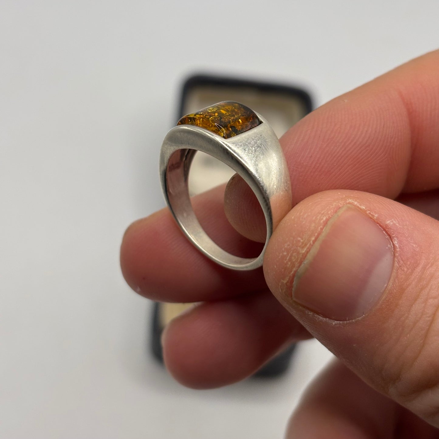 Silver Amber Inlayed Ring