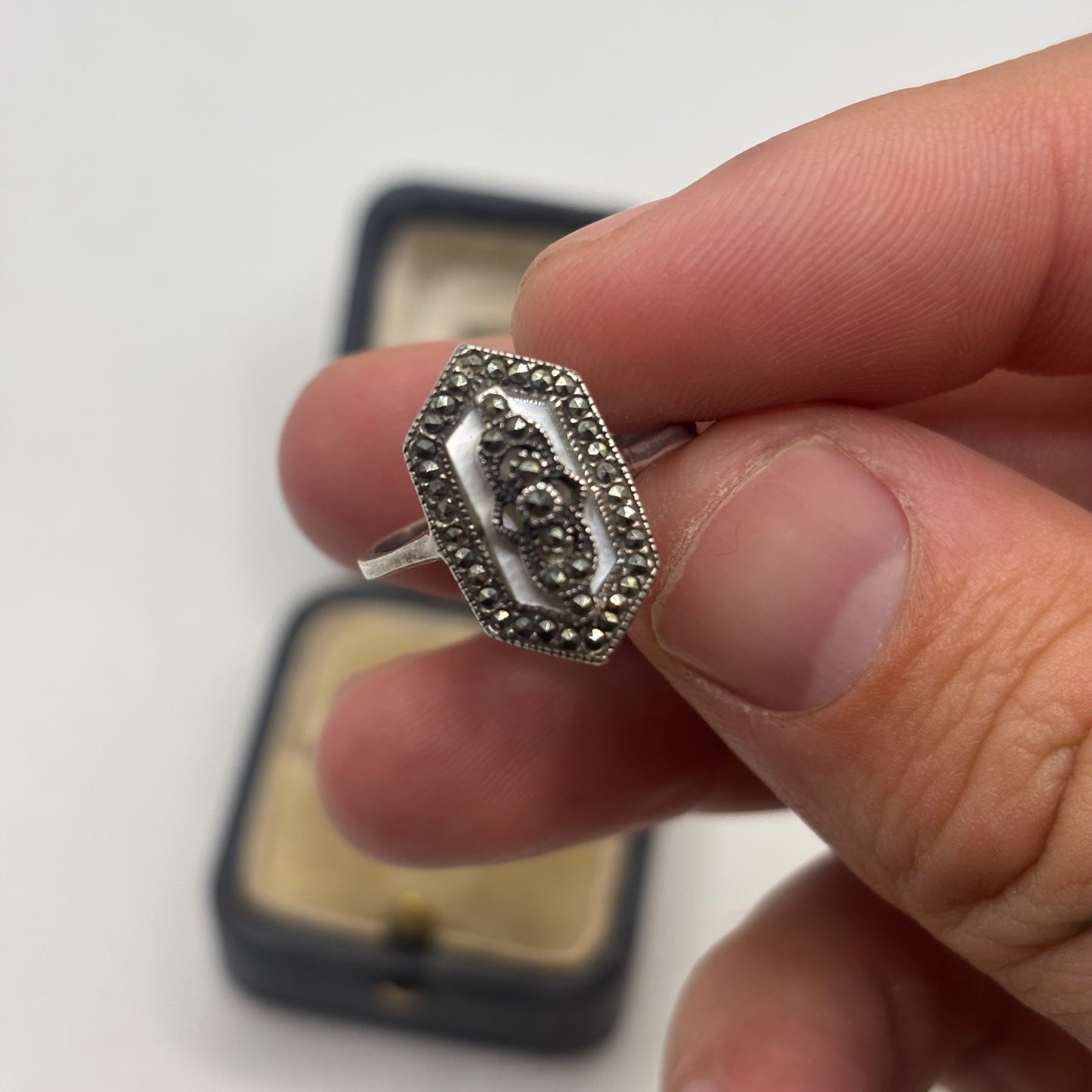 Silver Pearl & Marcasite Art Deco Style Ring (Q)