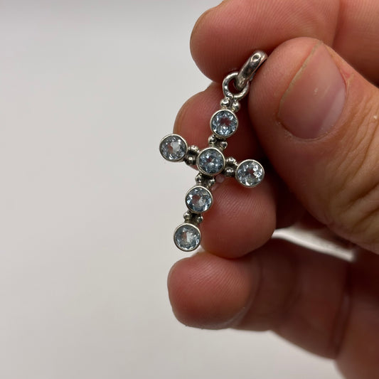 Silver Blue Topaz Cross Pendant