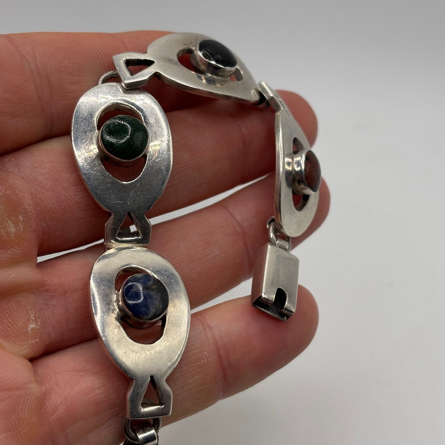 Silver 6” Heavy Mixed Stone Mexican Bracelet