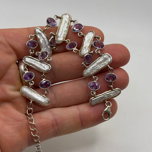 Silver 6.5”-7.5” Amethyst & Pearl Bracelet