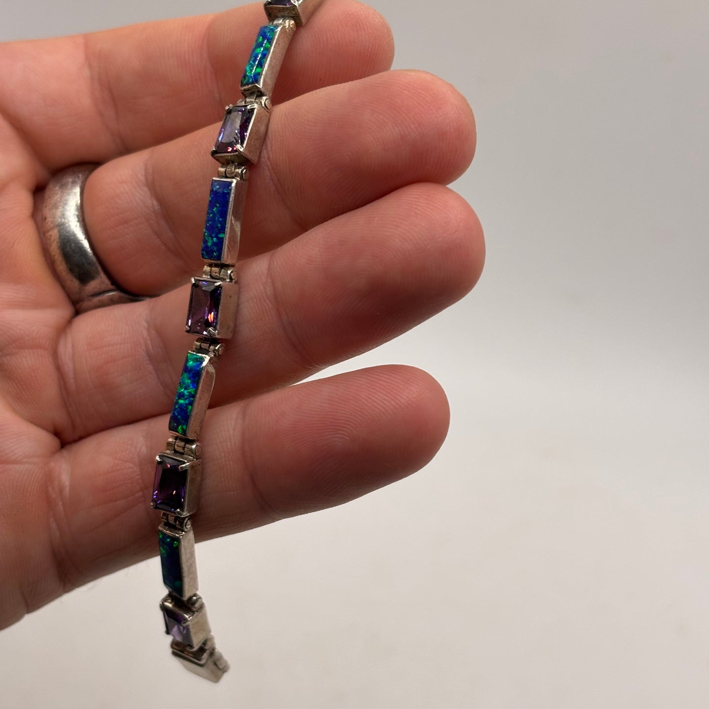 Silver 7” Opal & Amethyst Bracelet