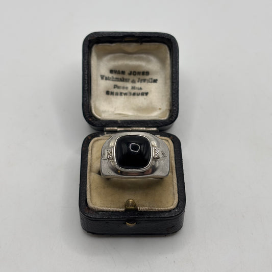 Silver Large Onyx & Diamond Ring