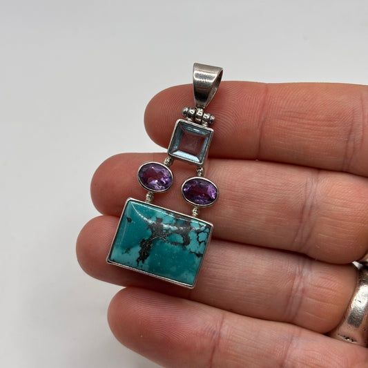 Silver Turquoise & Amethyst Pendant