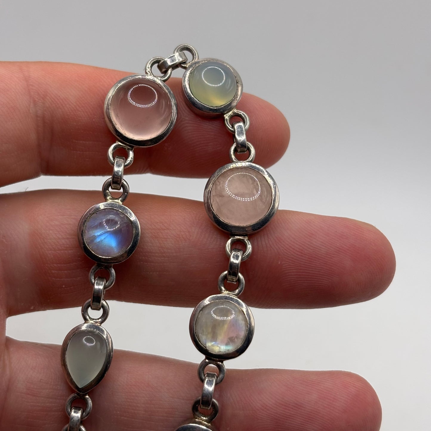 Silver 8.5-9” Moonstone & Rose Quartz Bracelet