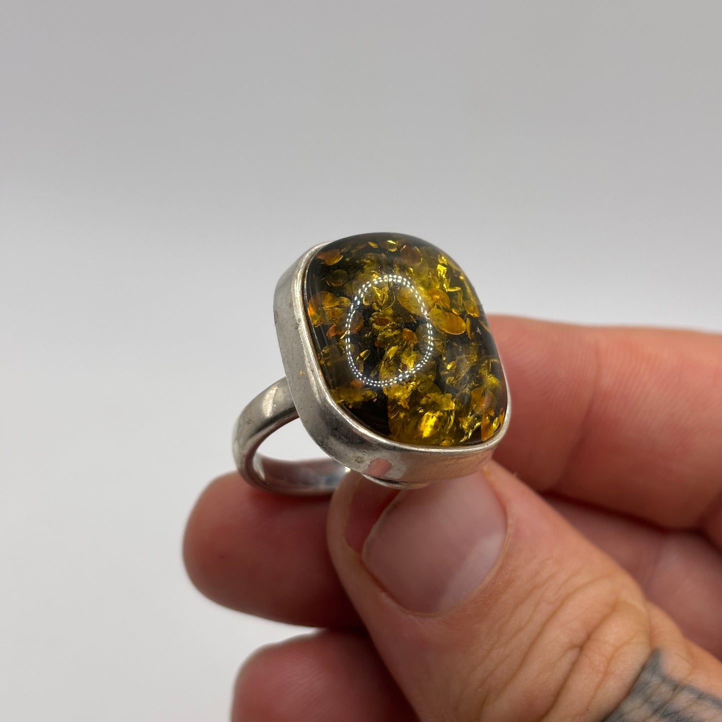 Silver Chunky Green Amber Ring
