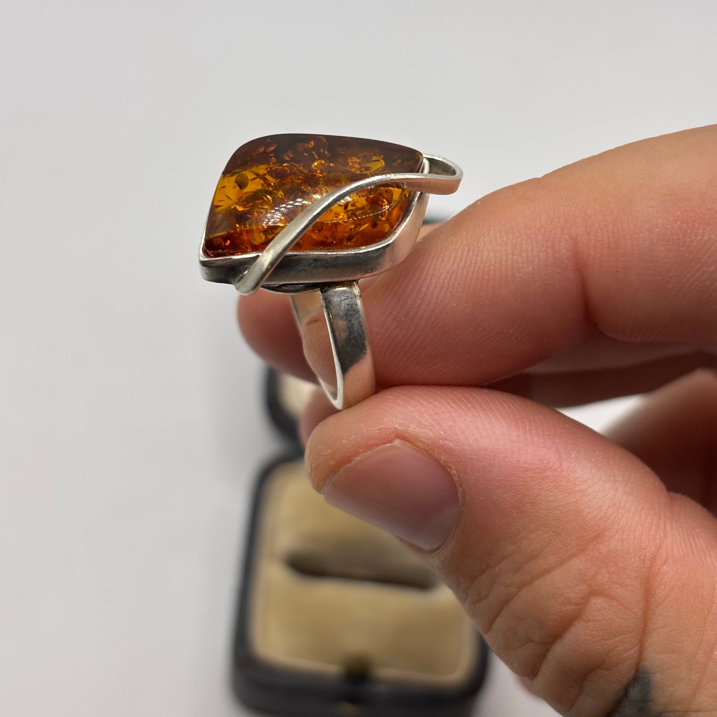 Silver Amber Abstract Ring