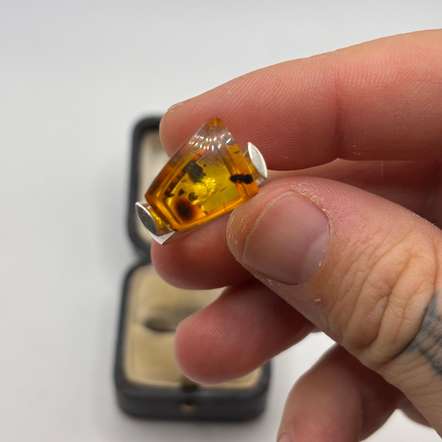 Silver Abstract Amber Ring