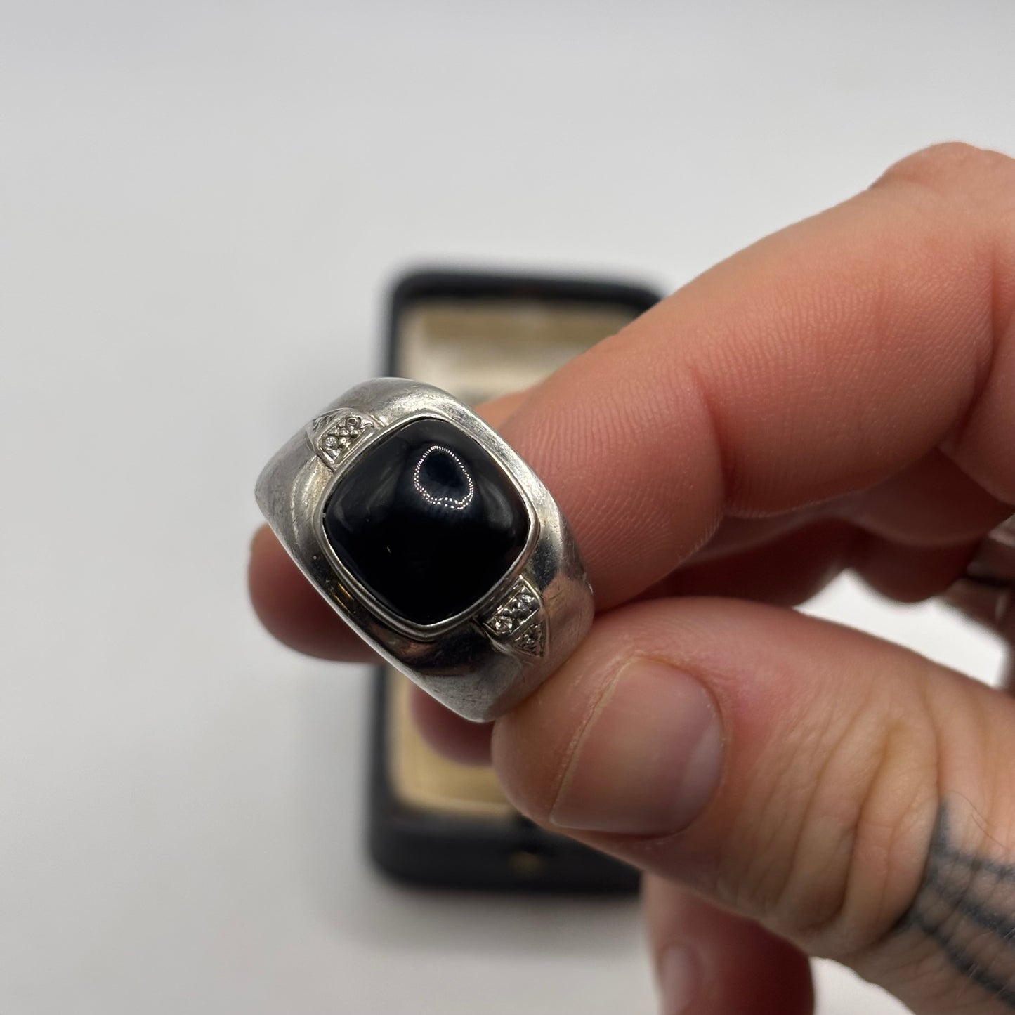 Silver Large Onyx & Diamond Ring