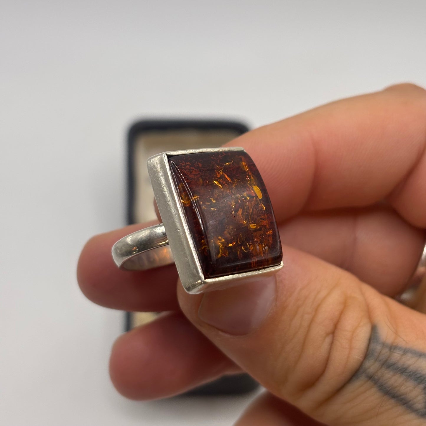 Silver Chunky Amber Ring